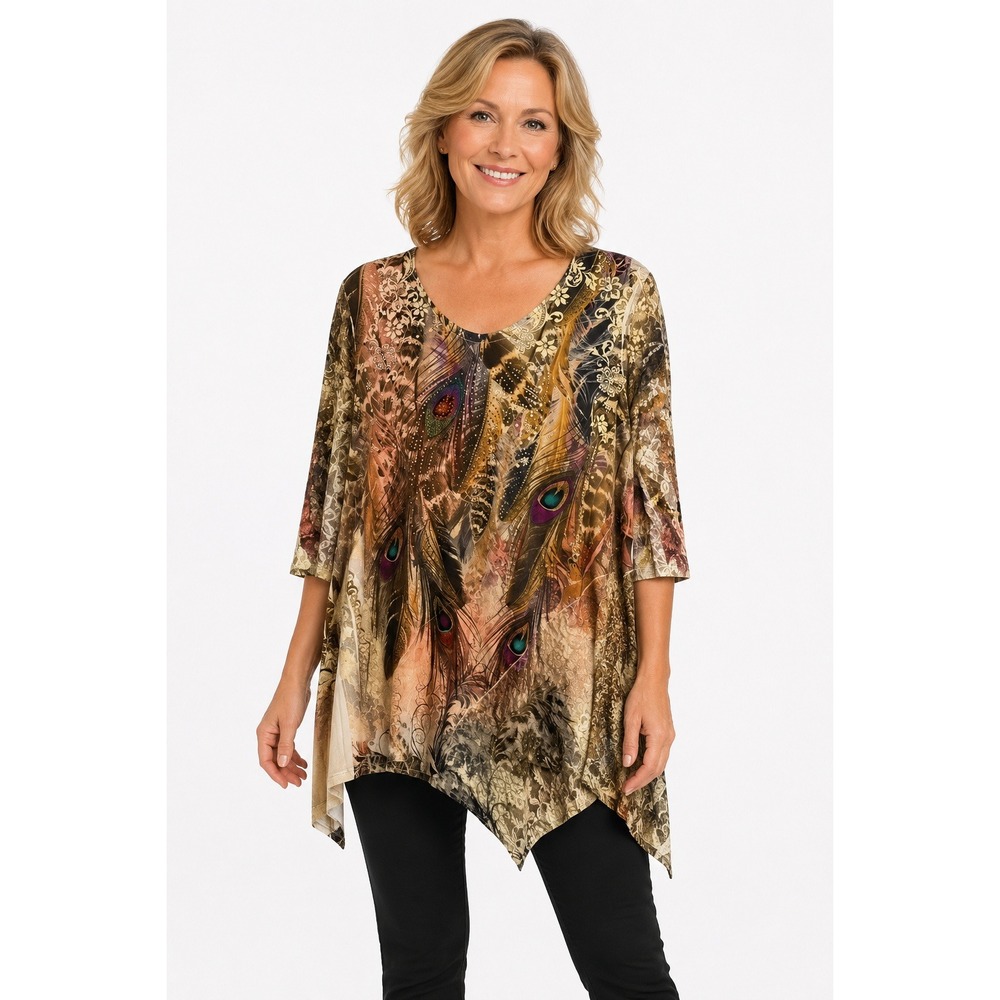 The Pyramid Collection Womens Peacock Print Rhinestone Lace Tunic Top Size Large